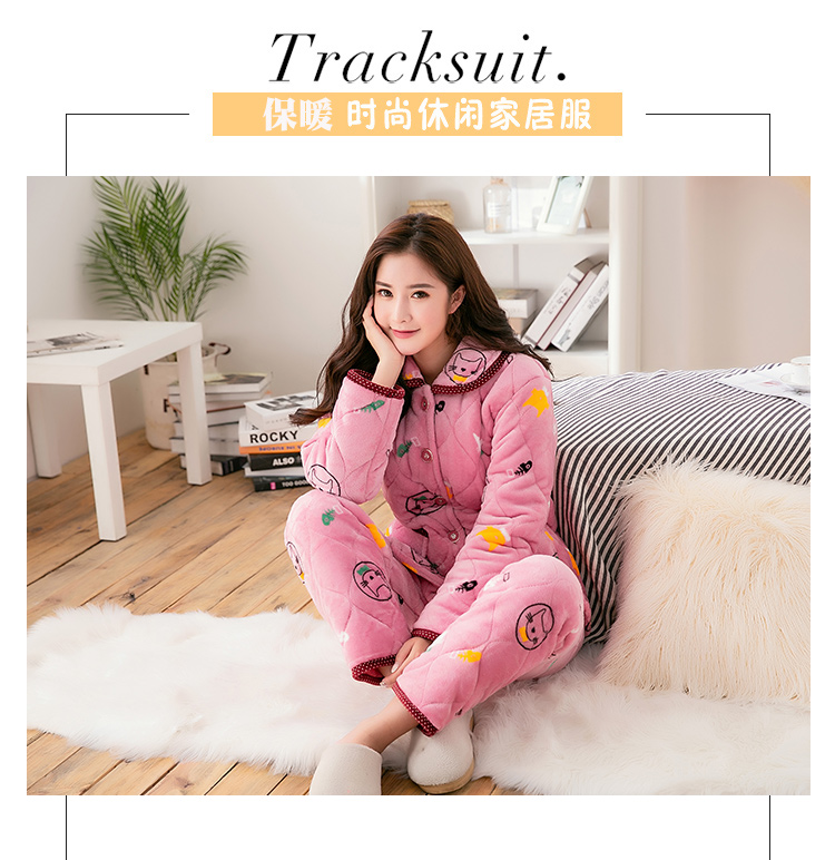 Bộ đồ ngủ của phụ nữ mùa đông dày ba lớp Bộ đồ ngủ bằng vải flannel nhung san hô có thể được mặc bên ngoài áo khoác cotton cỡ lớn đồ ngủ ấm pijama nam