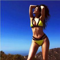 Aliexpress foreign trade explosion yellow black letter bandage bikini letter printing bikini womens swimsuit