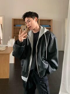 Autumn and winter hooded fake two-piece jacket men's high-end handsome pu leather jacket old money style couple's top trend