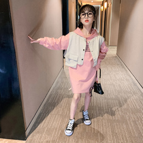Girls spring and autumn dress suit 2021 new Korean childrens sweater vest net red Western style two-piece tide