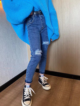 South Korean girl jeans Broken Hole elastic body small leggings pants Ocean Gas 2022 Spring and autumn new CUHK Tong Long pants