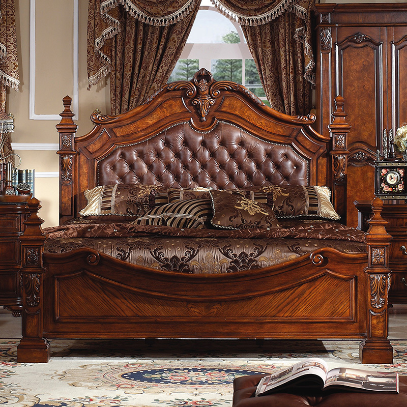 Menghan Original American Solid Wood Double Bed European Style Leather Bed Luxury Retro Master Bedroom Double Bed 1.8m