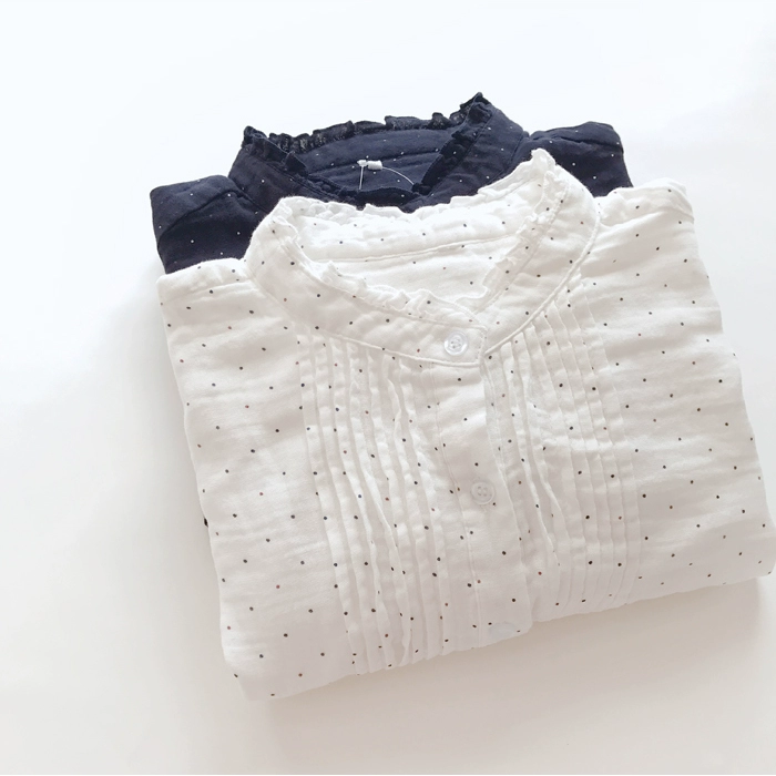 Mùa thu mới của phụ nữ cotton hai lớp sợi bông kết cấu nấm cổ áo nước ngọc nhỏ lỏng áo sơ mi nữ dài tay - Áo sơ mi dài tay