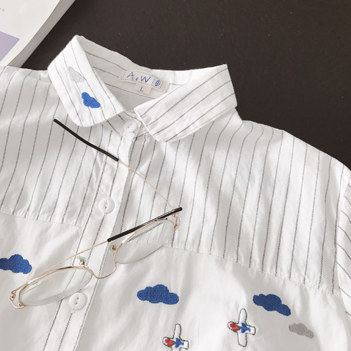Mùa xuân phụ nữ sọc mới mô hình nối hoạt hình thêu lỏng kích thước lớn cotton dài tay áo sơ mi nữ áo sơ mi đen nữ