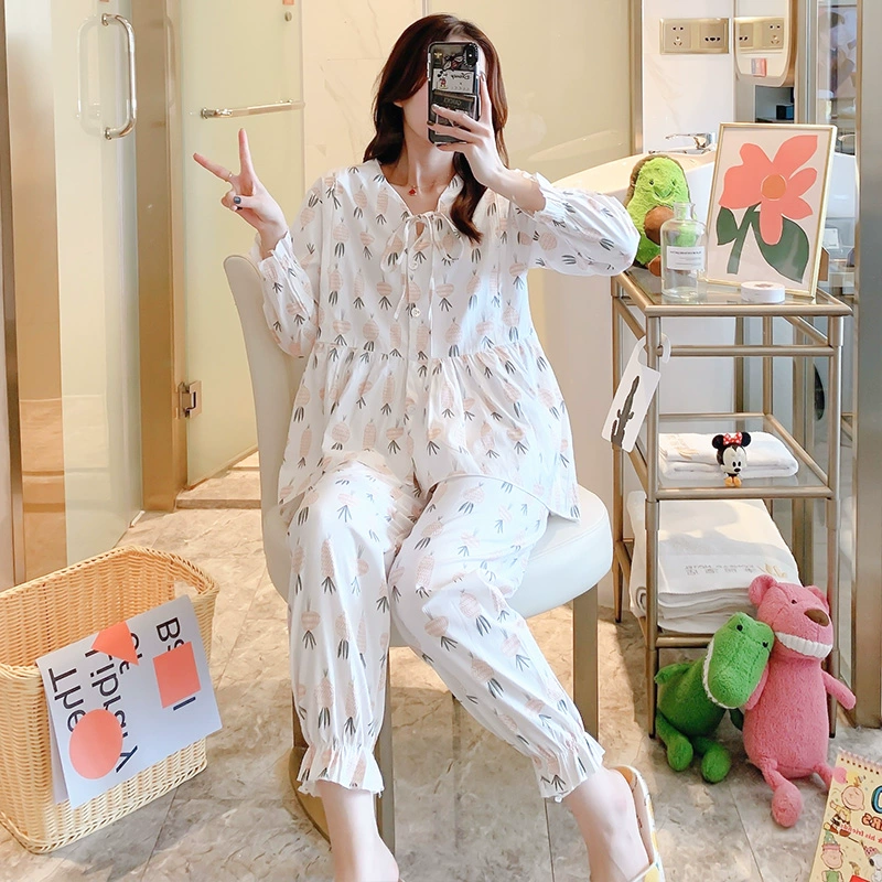 Gạc mỏng quần áo giam giữ mùa xuân và mùa hè bộ đồ ngủ sau sinh bằng cotton tinh khiết cho phụ nữ mang thai, quần áo cho con bú và cho con bú, bộ đồ phục vụ tại nhà - Giải trí mặc / Mum mặc