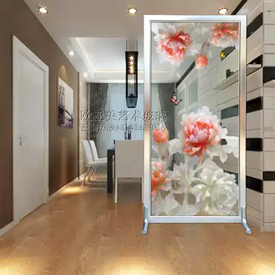 Simple painted art glass entrance background shoe cabinet living room double-sided frosted screen partition process peony flower