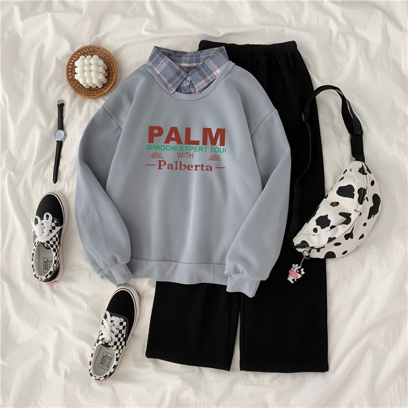 Real shot ~ new autumn and winter holiday two piece loose Polo doll collar color matching thickened Plush sweater set