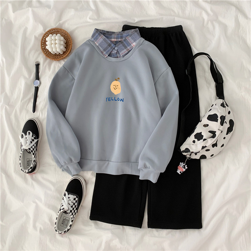Real shot ~ new autumn and winter holiday two piece loose Polo doll collar color matching thickened Plush sweater set