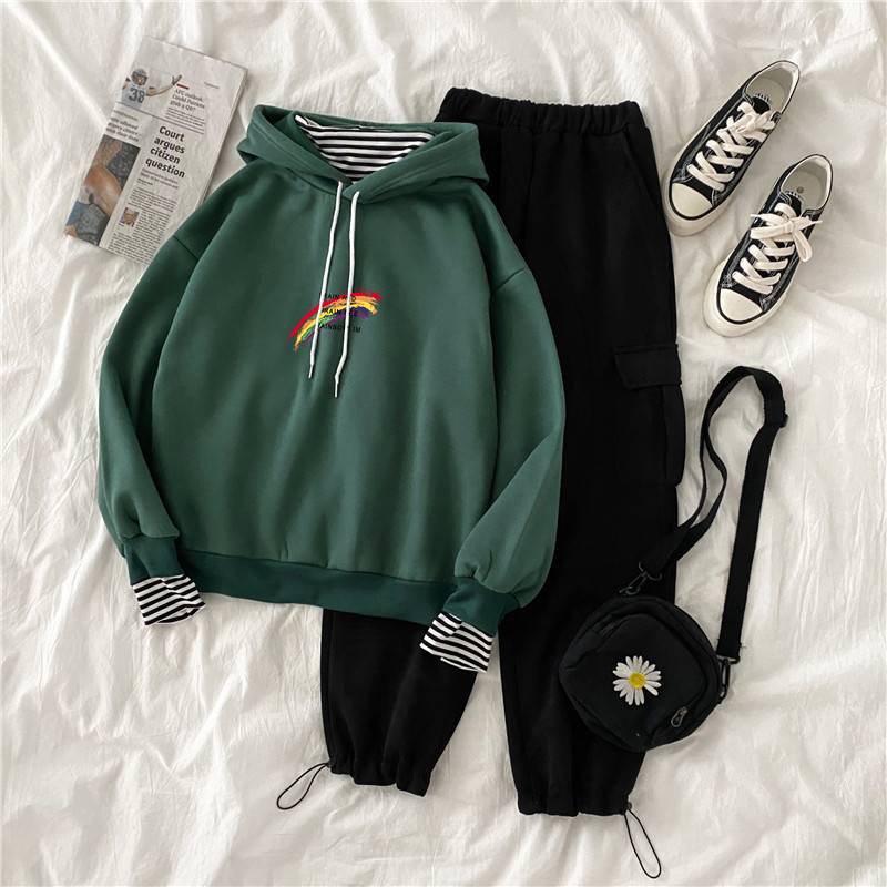 Real shot ~ autumn and winter clothing plush thickening Korean loose Plush thickening two piece student suit