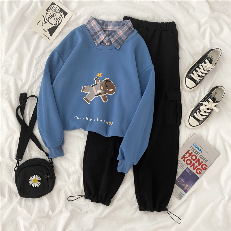 Real shot ~ new autumn and winter holiday two piece loose Polo doll collar color matching thickened Plush sweater set