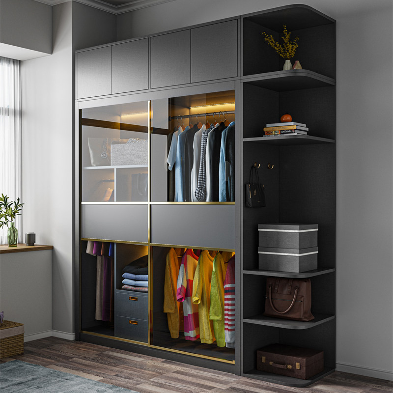 Nordic Grey Ramen Wardrobe Minimalist Modern Trip Door Cabinet Rental Slip Door Closet Small Family Type Home Bedroom