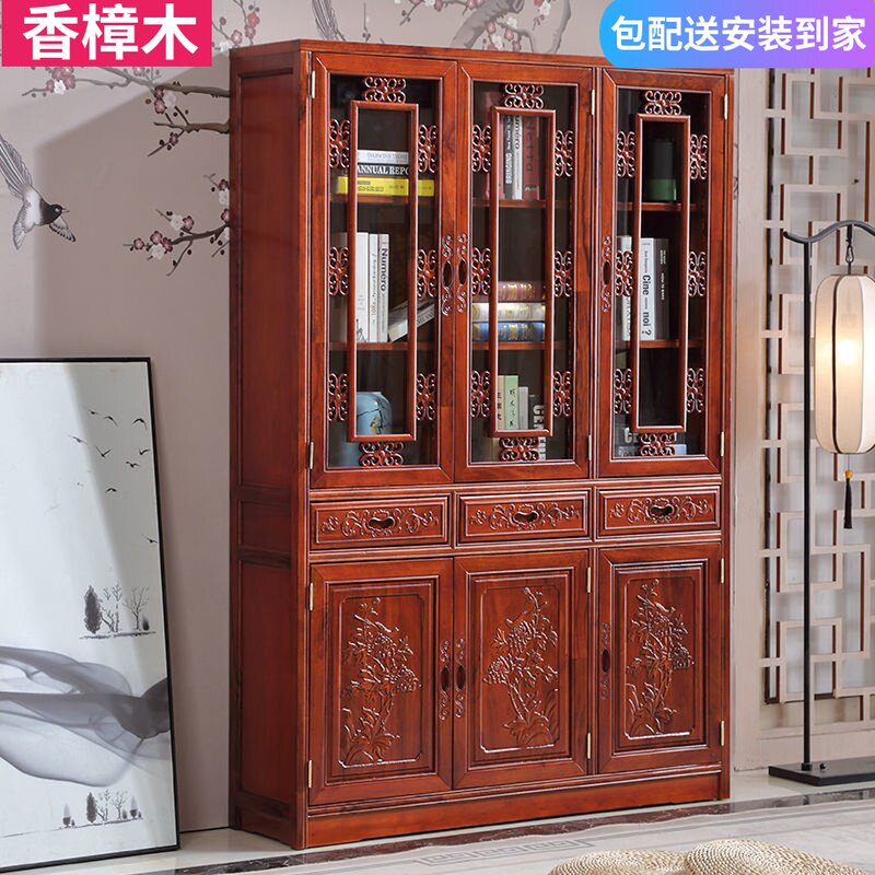 Camphor wood solid wood bookcase two or three doors Chinese household glass door storage cabinet locker study bookcase bookshelf cabinet