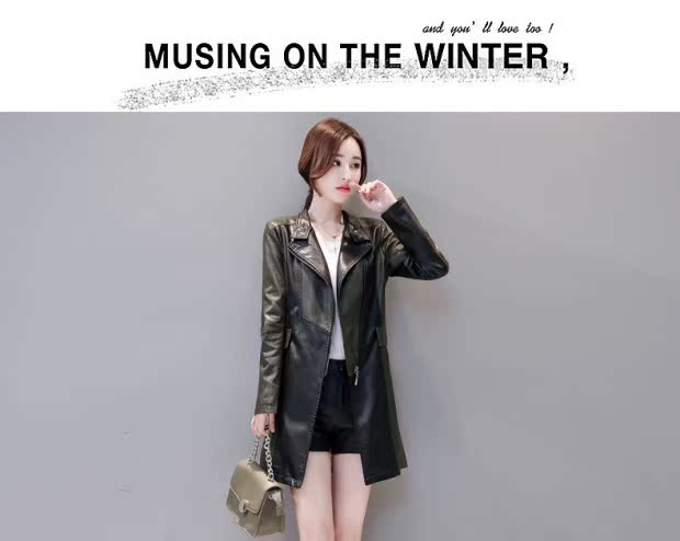 Mùa thu 2018 mới Hained leather nữ dài phần Slim phiên bản Hàn Quốc của áo khoác da mỏng mảnh mai Áo khoác da Joker áo da lộn nữ