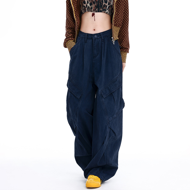 Michael Keble Navy Blue Scimitar-Style Work Jeans for Women 2026 Summer Low-Rise Multi-Pocket Wide-Leg Pants