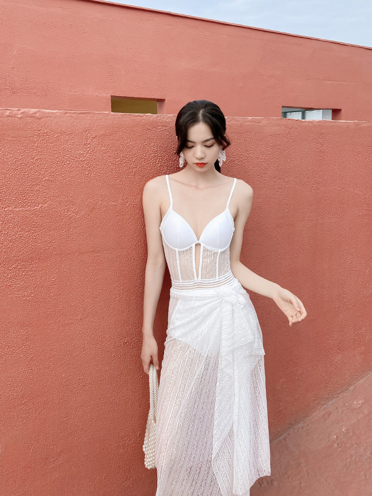 Sexy one-piece swimsuit two-piece fairy fan small chest gathered new hot spring display belly cover swimming suit net red