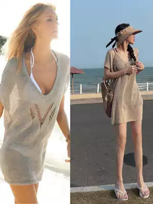 Bikini blouse V-collar knitted Hollow Beach sunscreen hot spring swimsuit outside female gown seaside holiday outfit