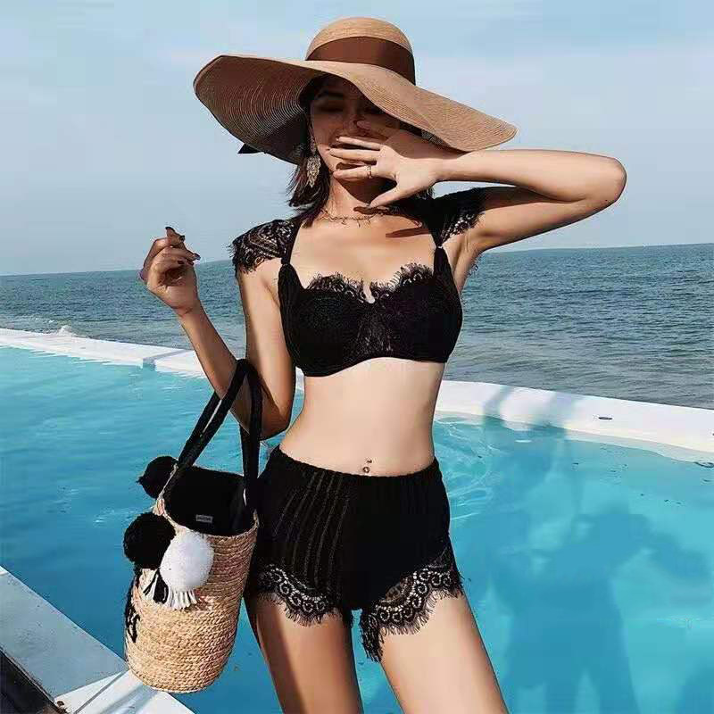 South Korea Ins Wind Bikini Bathing Suit Two Style High Waist Sexy Little Breasts Gather Beach Holiday Bubble Spa Swimsuit