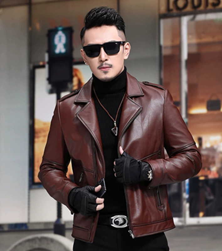 Hained leather leather new top layer leather nam mùa thu áo khoác trẻ trung đoạn ngắn Quần áo đẹp trai đi xe máy - Quần áo lông thú áo khoác da nam