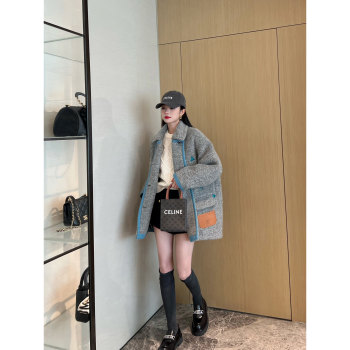 NancyCavally高端羊驼毛/羊毛 艺术感蓝边撞色加厚圈圈毛呢外套