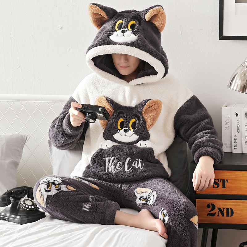 Coral Fleece Pajamas for Men, Autumn and Winter 2026 New Style, Cartoon Thickened Fleece, Boys and Older Children's Flannel Set