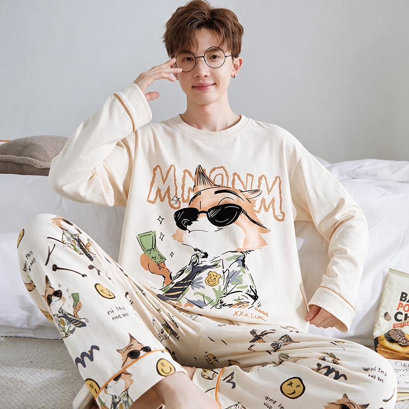 Pajamas for Men, Spring and Autum, Pure Cotton, Long-Sleeved, Round Neck, Large Size, Cartoon, Teenagers, Middle School Students, Older Children, Home Wear Set