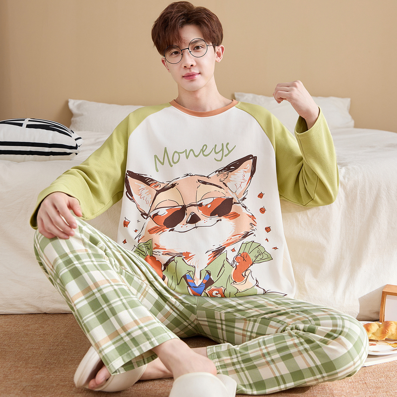 Men's Pure Cotton Long-Sleeved Pajamas Spring and Autum Cartoon Round Neck Junior High School Students and Teenagers Loose Home Clothes Set