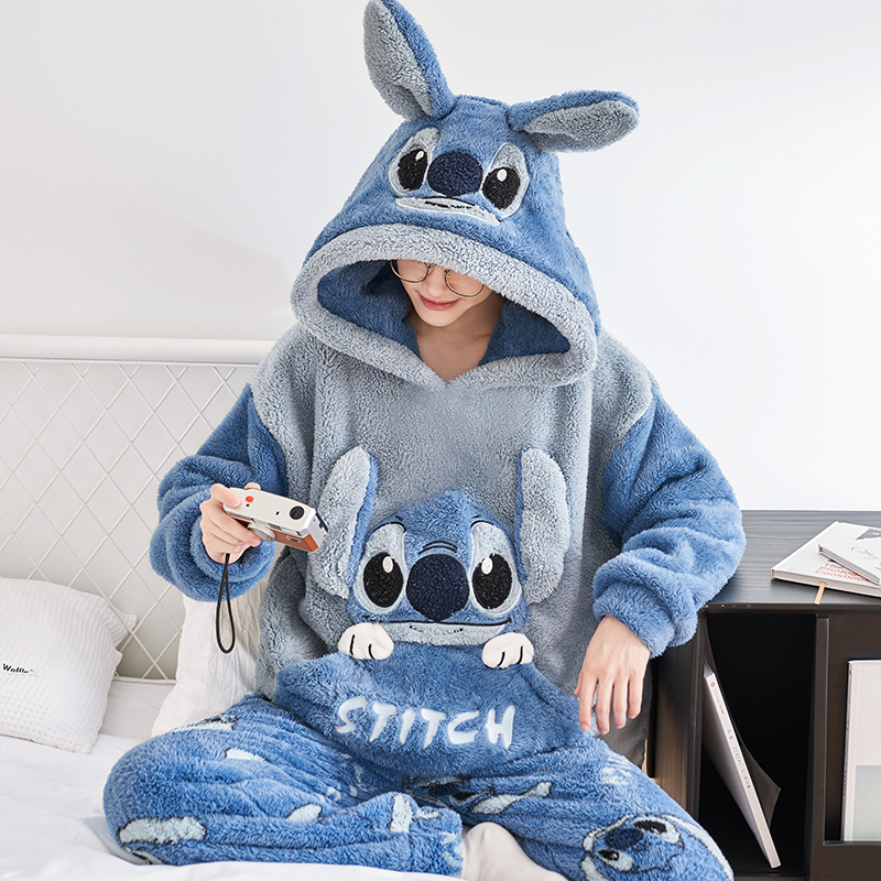 Pajamas for Men, Coral Velvet, Autumn and Winter Fleece-Lined, Student Dinosaur Cartoon Hooded, Big Children's Flannel Home Clothes Set