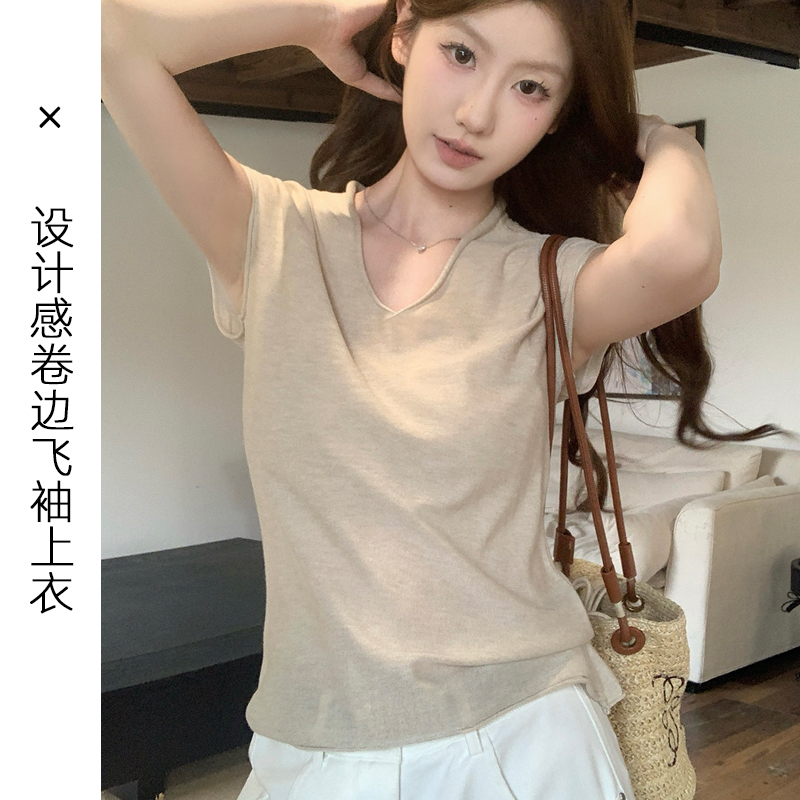 Korean-Style Simple V-Neck Rolled-Edge Versatile Knit Top for Women, Summer Short-Sleeve Casual Loose Slimming T-Shirt Top with Small Flutter Sleeves