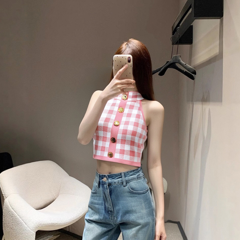 2025 Chambana Sleeveless Halter Plaid Knitted Camisole Women's Outer Wear Short Hot Girl Sleeveless Top