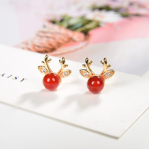 One Stone natural red agate one deer have your antlers earrings niche copper gilded earrings crystal ornaments gifts