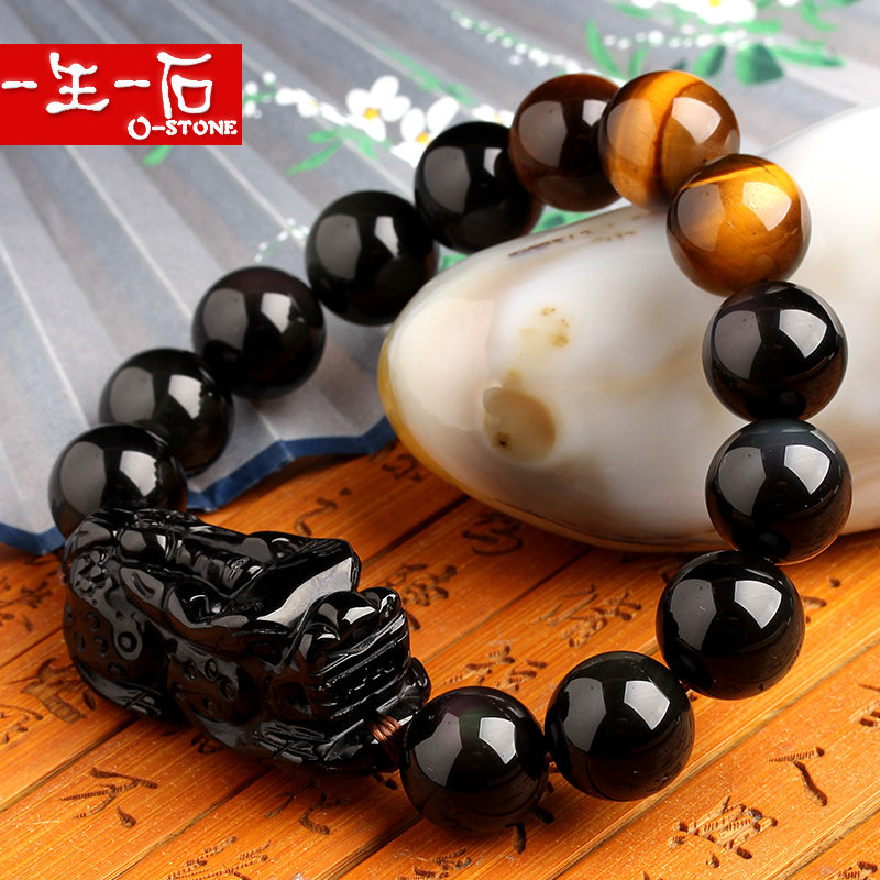A lifetime of a stone great exhibition Natural rainbow eye Obsidian overlord Pixiu hand chain men's hand string male Buddha beads