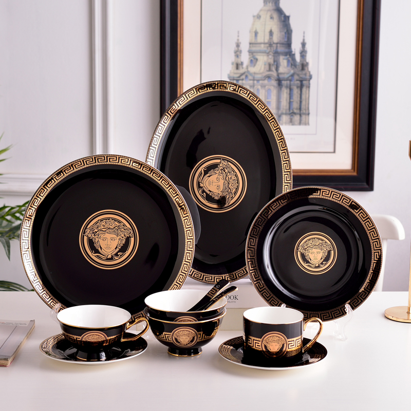 Black glazed gold Man head cutlery Western dining with flat disc Fillet Steak Dish Bowl spoon Chopsticks Group Coffee Cup