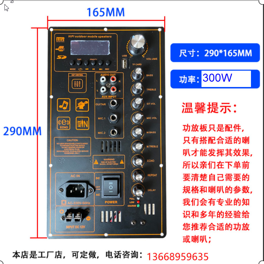 With DSP12V battery 220V high power 300W square dance Bluetooth amplifier board portable rod mobile speaker