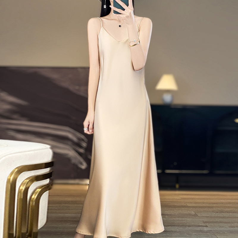 Temperament Champagne Silks and Satins Suspender Dress with Beautiful Draped, Acetic Acid Slimming Look Classy A-Line Dress for Summer Temperament Champagne Silks and Satins Suspender Dress with Beautiful Draped, Acetic Acid Slimming Look Classy A-Line Dress for Summer