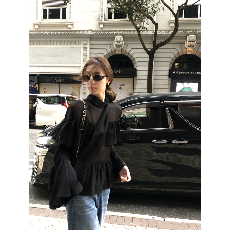 Gakee Official French-Style Black Chiffon Shirt for Women, Spring and Summer Design, Double-Layered Ruffled Lightweight Shirt Gakee Official French-Style Black Chiffon Shirt for Women, Spring and Summer Design, Double-Layered Ruffled Lightweight Shirt