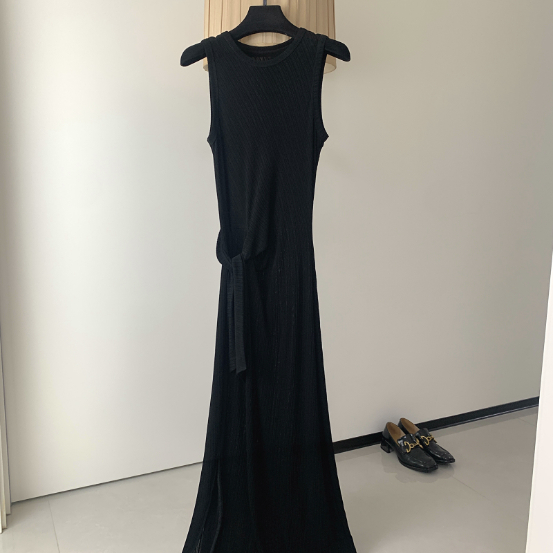 Chic Design Acetate Knit Sleeveless Dress for Women, Round Neck, Waist-Cinching, Slimming Long Dress, Fitted Tank Dress