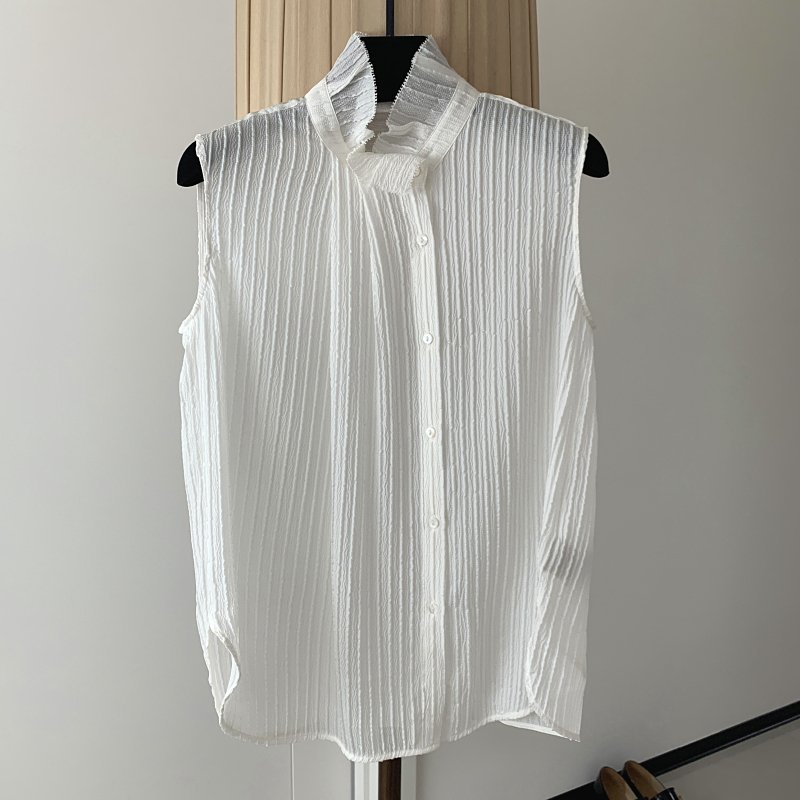Casual Chic and Versatile~ Loose Sleeveless Silk Vest Shirt with Wavy Texture and Ruffled Collar for Women