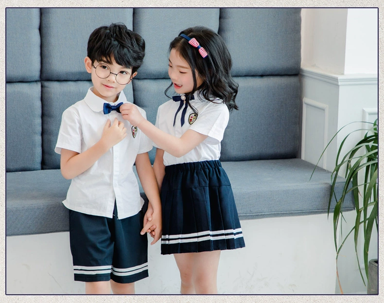 Đồng phục mẫu giáo mùa hè áo sơ mi trắng hai mảnh học sinh tiểu học nam nữ trung tính Đồng phục học sinh phong cách Anh - Đồng phục trường học / tùy chỉnh thực hiện