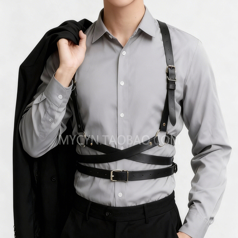 Abstinence-Style Shirt with Straps, Male Group Suit, Punk Leather Suspenders, Waist Belt, Straps, Bar Stage Performance Accessories