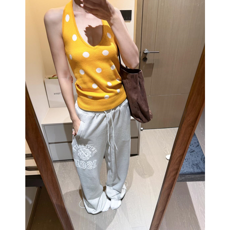 Pumpkin/“Poko Soda” Orange Polka Dot Slim-Fit Halter Neck Sleeveless Acetate Cashmere Summer Tank Top