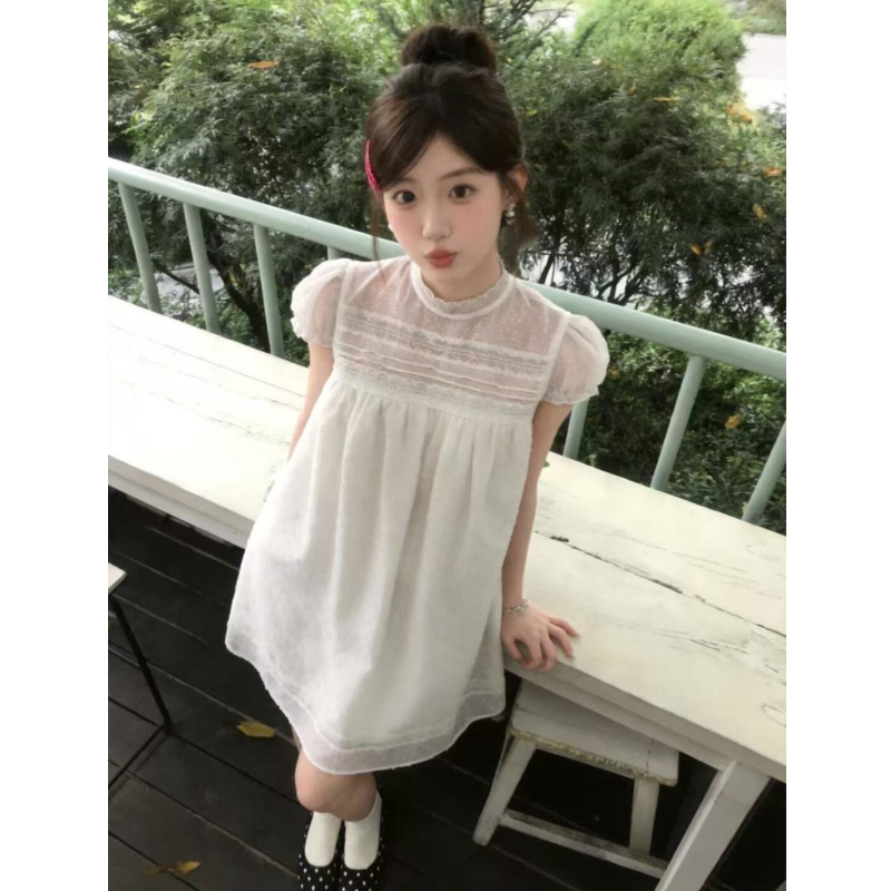 Pumpkin/Korean Niche Best-Selling Item! White Velvet Polka Dot Dress with Lace Trim and Stand-Up Collar, Giving a Youthful Vibe.