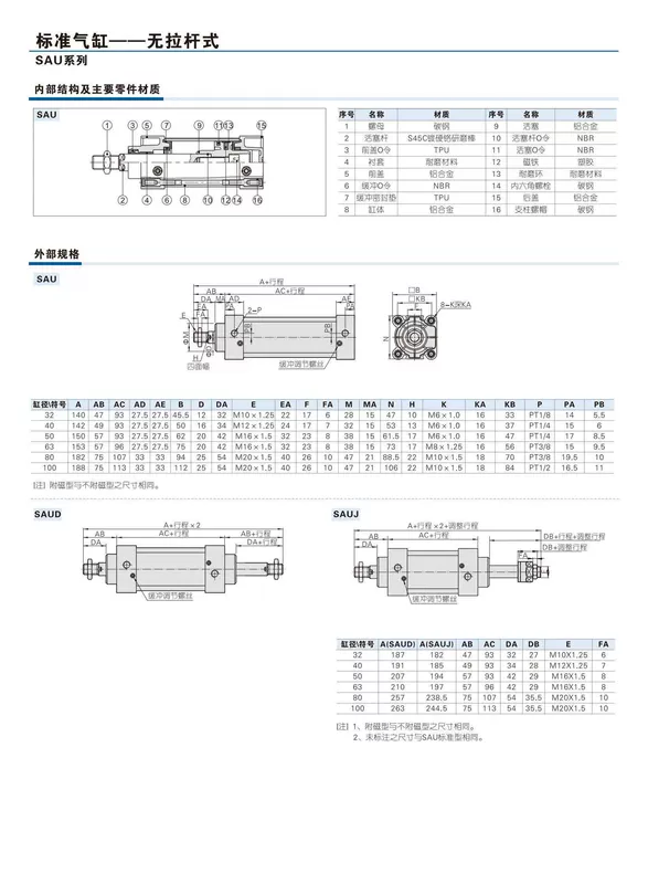 ký hiệu xi lanh khí nén Xi lanh tiêu chuẩn Airtac SAU/SAUJ/SU32/40/50/63/80X25X50X75X125X150S xy lanh khí nén smc điều khiển xi lanh khí nén