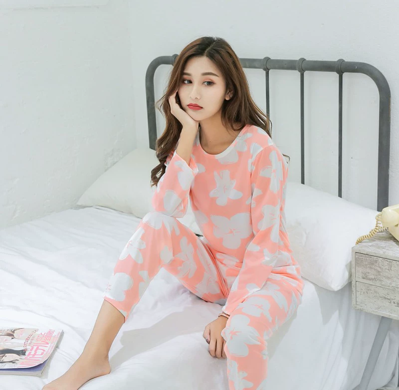 Bộ đồ ngủ dài tay mùa hè cho nữ bộ đồ cotton mỏng có thể mặc bên ngoài phiên bản tiếng Hàn của dịch vụ nhà mùa xuân và mùa thu cotton mới cho sinh viên ah