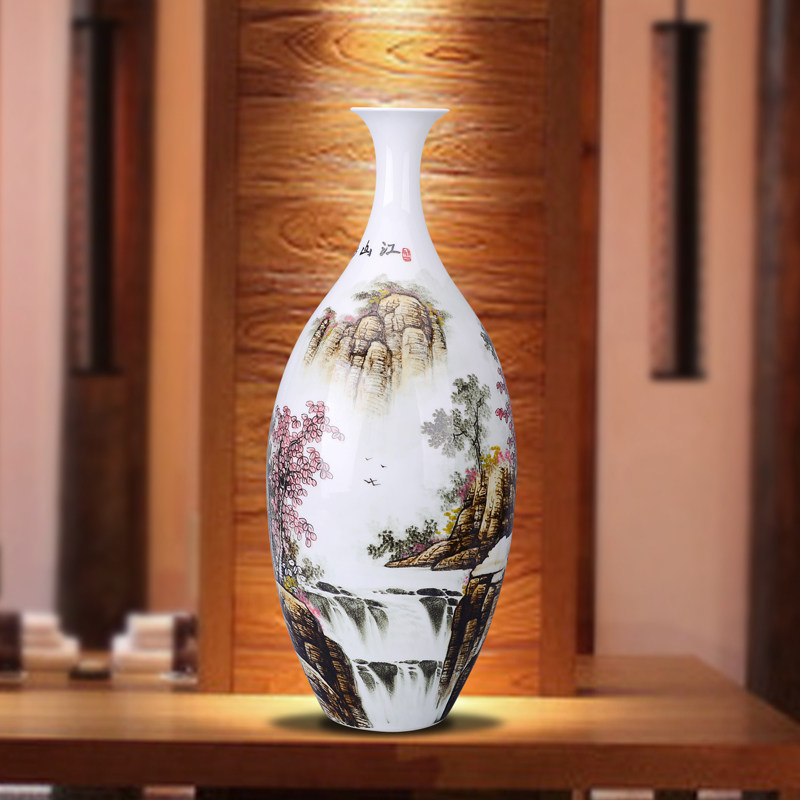 Jingdezhen ceramic large vase living room floor-to-ceiling hand-painted decorative porcelain vase ornaments high-end landscape blue and white colorful