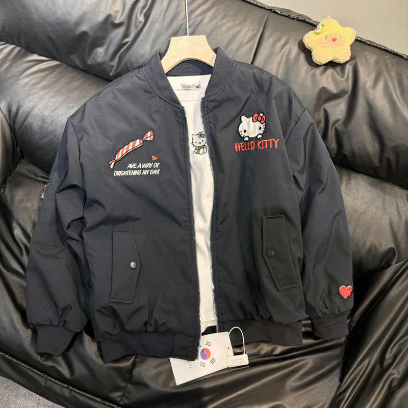 Real Shot of the New Spring Style Korean Version Versatile Loose-Fitting Small-Sized Cotton Jacket with Fleece Lining and Thickened Zipper Hello Kitty Kt