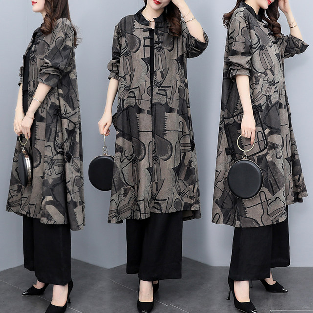 Temperament national style two-piece women's spring new loose all-match printed mid-length coat cotton linen wide-leg pants suit