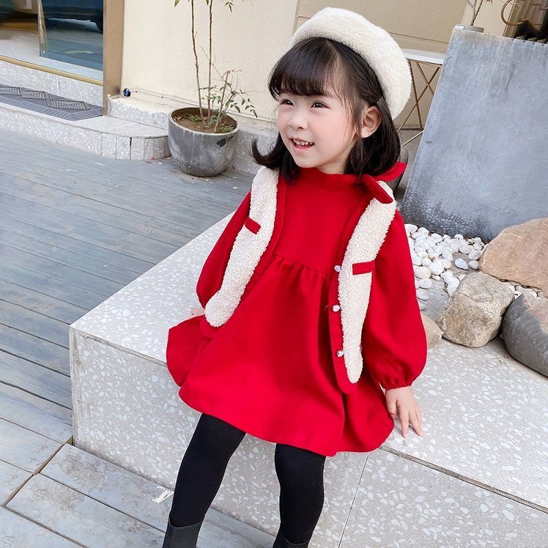 Girls children's clothing spring and autumn clothing 2022 new red Korean dress suit vest jacket princess skirt long-sleeved trendy