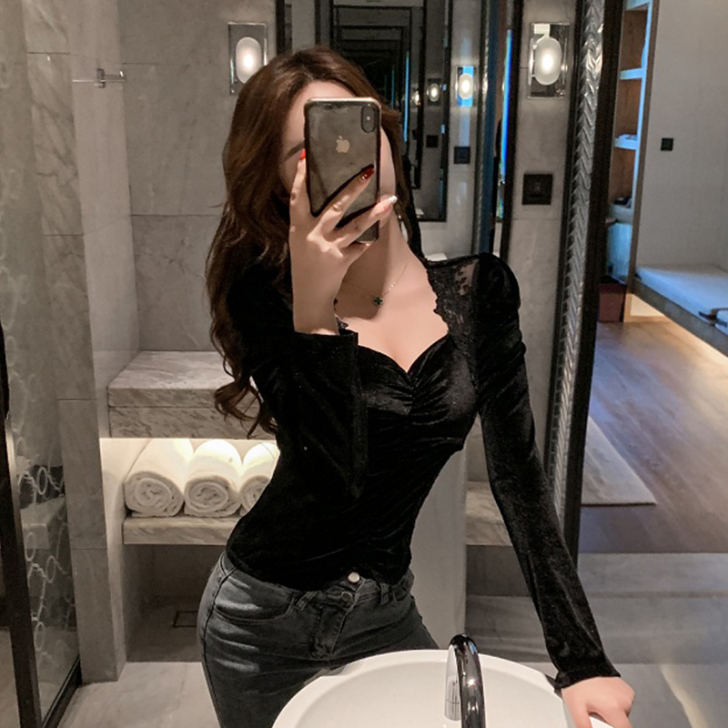 Autumn and Winter New Gold Velvet Top T-Shirt Long-Sleeved Lace Bottoming Shirt for Women with Sexy and Western Design Niche Autumn and Winter New Gold Velvet Top T-Shirt Long-Sleeved Lace Bottoming Shirt for Women with Sexy and Western Design Niche