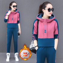 Hong Kong womens sportswear autumn and winter new fashionable slim hooded sweatshirt fleece thickened casual two-piece set