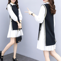 Hong Kong 2019 autumn dress large size women's waistcoat shirt loose slimming age suit two-piece dress